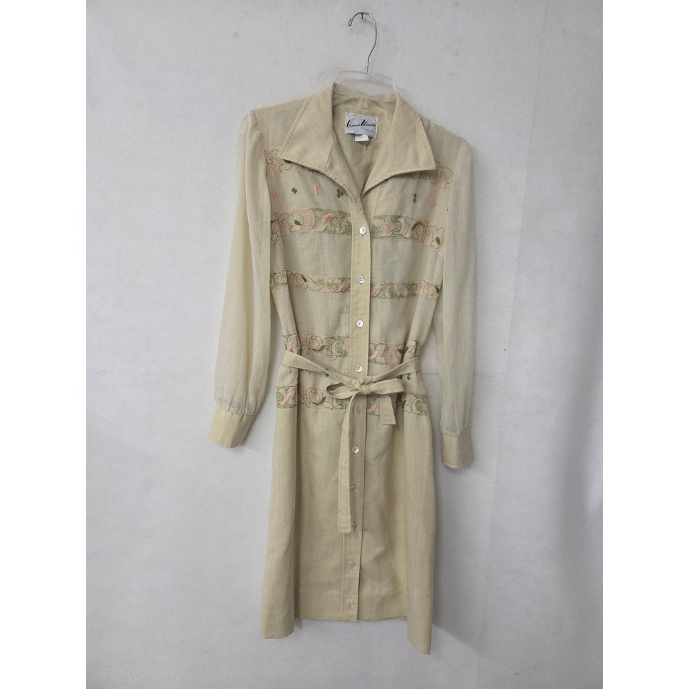 Herman Marcus Vintage Shirt Dress 10 Beige Embroidered Sheer Sleeve Belted 1970s